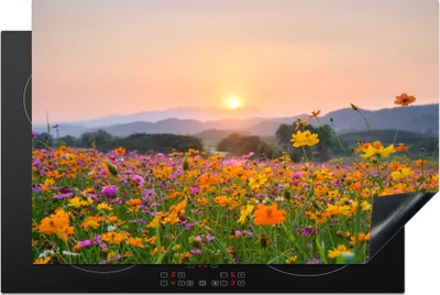 Produktbild von KitchenYeah© Herdabdeckplatte Blumen - Sonnenuntergang - Berg , 81x52cm, Küche Deko, Glaskeramikkochfeld Herdabdeckung, Abdeckplatte fùr Kochfeld