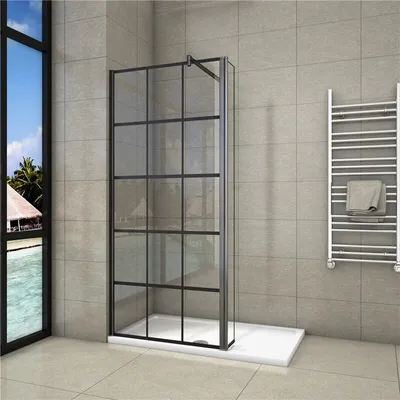 Produktbild von B.90x200cm 8mm NANO Glas Walk in schwarz Duschabtrennung Duschwand badezimmer mit 40x200cm Flipper Panel+ausziehbar Stabilisator von 73-120cm
