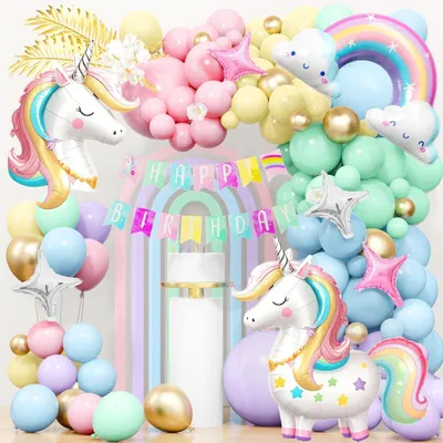 Image de Ensemble de décoration licorne de 127 pièces, idéal pour une fête d'anniversaire pour filles, comprenant des ballons, un arc et une guirlande
