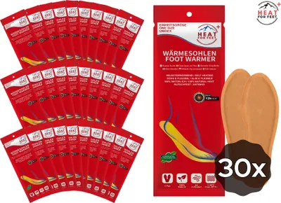 Produktbild von Heat for Feet, 30 Paar Wärmesohlen, bis zu 12 Std. Wärme, Einheitsgröße 36-46, dünn & flexibel, Sohlenwärmer,Sofort wärmende Einlegesohlen,Schuhwärmer