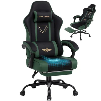 Obrázek produktu pro Herní židle GTPLAYER, ergonomická, s látkovým potahem, pružinovým sedákem, propojenými podloketníky a opěrkou nohou, nosnost 150 kg, zelená barva