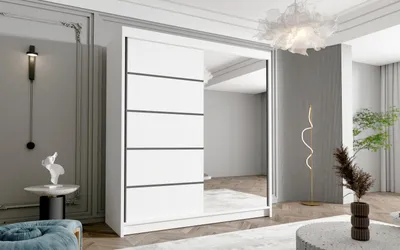 Produktbild von Schwebetürenschrank Harry III 180 cm mit Spiegel - Groß Kleiderschrank, Schiebetürenschrank mit Kleiderstange und Einlegeboden, Schlafzimmerschrank, Schiebetüren, 180x215x58 cm (Weiß)