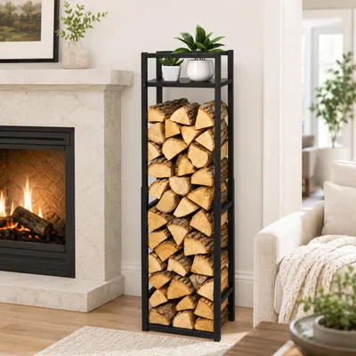 Obrázok produktu pre Držiak na drevo s odkladacou plochou, nastaviteľný, 45 × 32 × 120/145/170 cm, nosnosť 100 kg, čierna povrchová úprava, oceľ