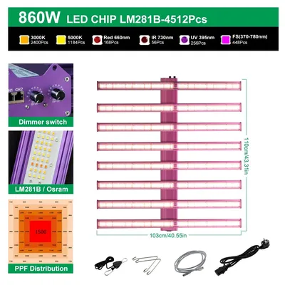 Produktbild von LED-Pflanzenlampe - Grow Light - 860 W - Vollspektrum - Dimmbar - Infrarot und UV - 110–240 V - Aluminium
