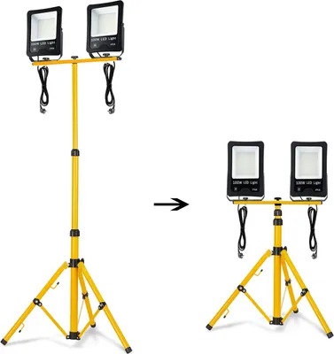 A comparison of a fully assembled tripod work light and a disassembled tripod work light.
