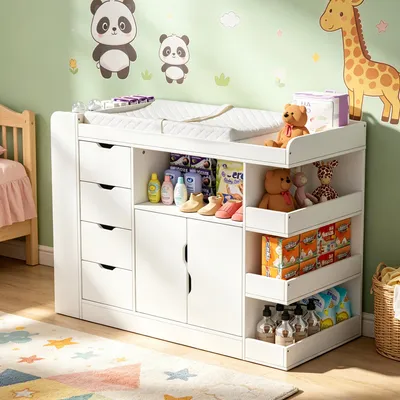 Produktbild von Wickelkommode Baby Weiß 125 x 46 x 91 cm, Wickeltisch mit Schubladen, Schrank und Seitenregalen