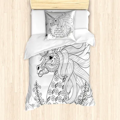 Produktbild von ABAKUHAUS Schwarz und weiß Mantele, Fantasie-Einhorn, Milbensicher Allergiker geeignet mit Kissenbezügen, 135 cm x 200 cm - 80 x 80 cm, Schwarz-Weiss