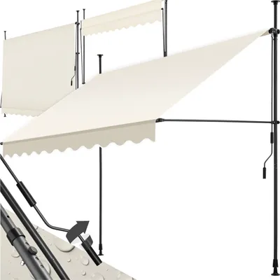Two cream-colored awnings with black frames and poles, shown from a diagonal angle against a white background. One awning is fully extended, while the other is partially retracted.