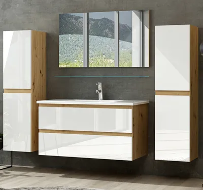 Produktbild von Badmöbel Set Eiche  / Weiss  Optik Hochglanz Badezimmermöbel 90 cm Leonardi Badmöbel Set Komplett.