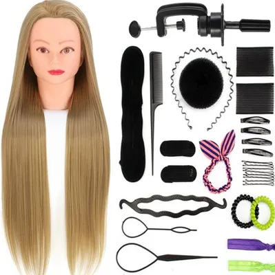 Produktbild von Trainingskopf mit Tischklemme und Styling-Zubehör - Friseurkopf – Übungskopf Friseur –Puppenkopf - Blondes Haar - 70 cm