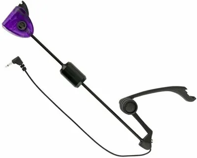 A fishing bite indicator with a purple head and black components, shown against a white background.