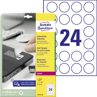 Produktbild von Avery Zweckform L6112-20 Sicherheits-Etiketten, Ø 40 mm, 20 Bogen/480 Etiketten, weiß