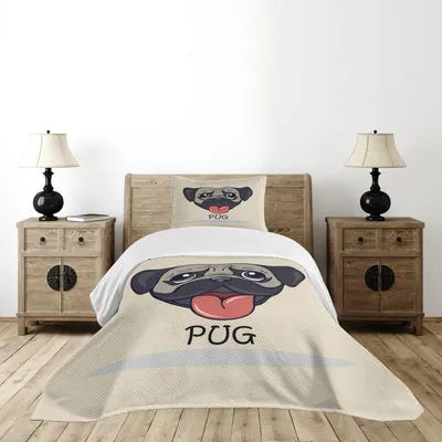 Image de Ensemble de couvre-lit ABAKUHAUS Mops, caricature d'un chien carlin avec sa langue pendante, illustration amusante d'un animal au visage joyeux, 170 x 220 cm, taupe noir rouge