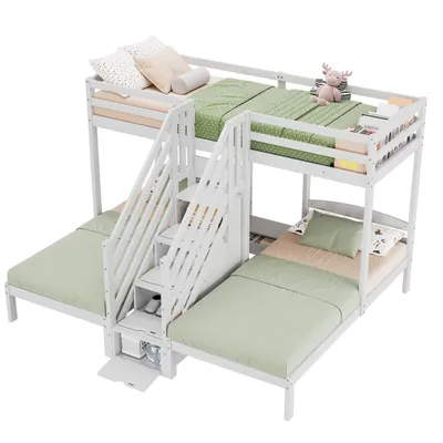 Produktbild von Merax Etagenbett 90x200cm , 3 Betten für Kinder, mit Stauraumleiter, Nachttisch mit Schubladen, Geländer, Stockbett Massivholz, Jugendbett, Weiß