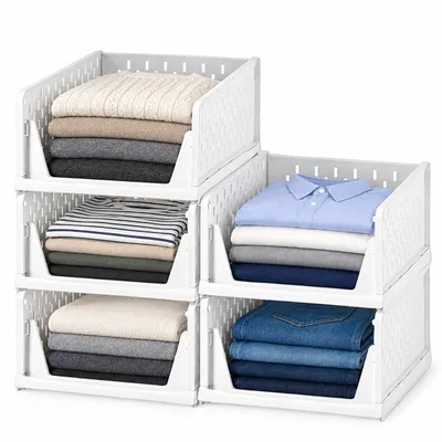 Produktbild von Deuline 5 x Schrank-Organizer klappbar, Kleiderschrank-Organizer stapelbar, ausziehbarer Korb, Aufbewahrung und Organisation, Kunststoff, Weiß 521160, KI-generiertes Bild