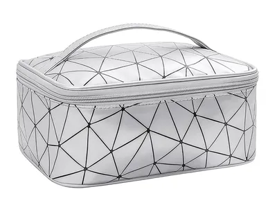 Produktbild von KOSMETIKTASCHE 24x16x9cm mit Griff Make-up Tasche für Reise wasserabweisend Schminktasche Schminkkoffer Kulturtasche 41 (Silber)