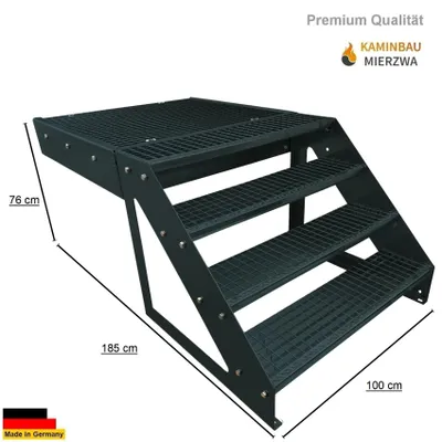 Produktbild von Podesttreppe Stahltreppe 4 Stufen Freistehend Höhe 76cm inklusive Podest 100x100cm ohne Geländer Anthrazit Ausrichtung Treppe Vorne/Front Aussentreppe