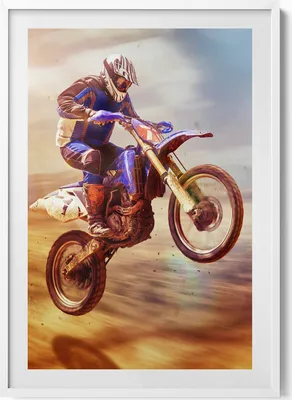 Produktbild von Motorradfahrer in der Wüste– Wandbild mit Rahmen – Gerahmtes Bild  – Wanddekoration – 70x100 cm –  Weiß Rahmen