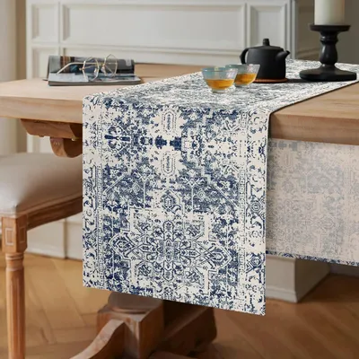 Immagine prodotto di Runner da tavolo grigio, design astratto geometrico, 40 x 140 cm, aspetto lino, colore blu, decorazione