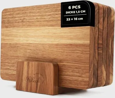 Zdjęcie produktu dla Deseczki śniadaniowe drewniane akacjowe zestaw 6 sztuk z uchwytem do przech