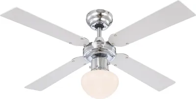 A white ceiling fan with four white blades and a silver central body, featuring a frosted glass light fixture.