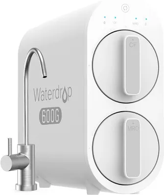 A white Waterdrop 600G water filter system with a chrome faucet.
