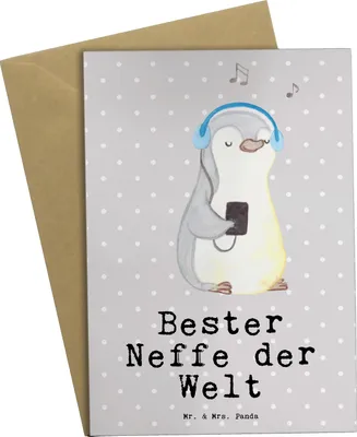 Produktbild von Mr. & Mrs. Panda Klappkarte Pinguin Bester Neffe der Welt - Grau Pastell - Geschenk, babykarte, Patentante, Patenkind, weihnachtskarten, einladungskarten, Taufe, Tante