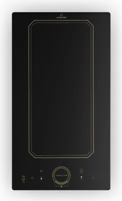A top-down view of a black induction cooktop with gold trim and controls.