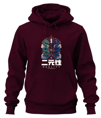 Productafbeelding van Duality, Japanse draken, Yin Yang, Japan, Y2K, Oosterse stijl, hoodie, sweater, bordeauxrood, maat S