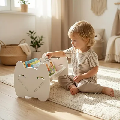Imagen del producto de Estantería infantil Relaxdays, organizador de escritorio con forma de gato, estante para escritorio, dimensiones: 19,5 x 32 x 21,5 cm, mini estante, PVC, blanco