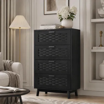 Immagine prodotto di Comodino INONEFT con 4 cassetti, mobile contenitore, cassettiera con decorazioni in rattan, mobiletto portaoggetti per il soggiorno, 55x40x95 cm, nero