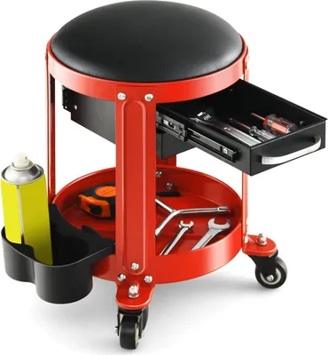 Produktbild von GOPLUS Werkstatthocker, Runder Montagehocker mit abnehmbarem Kissen, Werkzeugablage, 2 Schubladen & Doppeldosenhalter, 150 kg belastbar