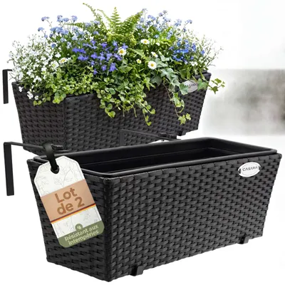 Image de 2x Bac à fleurs 11 litres support de montage intérieur extérieur jardinière pot de fleurs décoration balcon terrasse noir