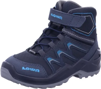 A single blue and gray children's hiking boot is shown against a white background.