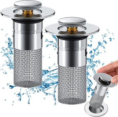 Produktbild von 2 Stück 2 in 1 Abflussstopfen Waschbecken mit Haarsieb, Waschbeckenstöpsel für 34-40mm Abfluss Ablauf, Universal Pop Up Abflusssieb