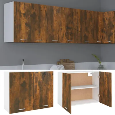 A collage of kitchen cabinets, showing a long wall-mounted cabinet and a smaller, open cabinet.