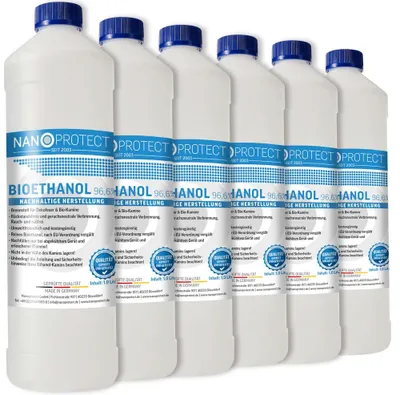 Produktbild von Nanoprotect Bioethanol 96,6% | 6 x 1 Liter | Flüssiger Ethanol Brennstoff für Indoor Kamin und Tischfeuer | Reiner Ethylalkohol als Lösungsmittel | e …
