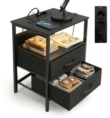 Produktbild von Relaxdays Beistelltisch mit LED, Steckdosen, USB-Anschluss, 2 Schubladen, HxBxT: 60 x 40 x 30 cm, Nachttisch, schwarz