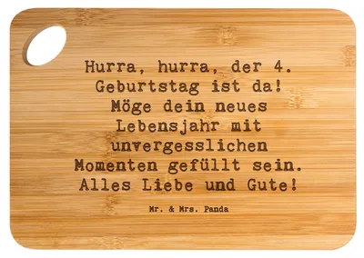Produktbild von Mr. & Mrs. Panda Schneidebrett Spruch 4. Geburtstag Feiern - Transparent - Geschenk, Brett, Glückwunsch, Happy Birthday, schneidbrett, Holzbrett, Kinder, Hackbrett