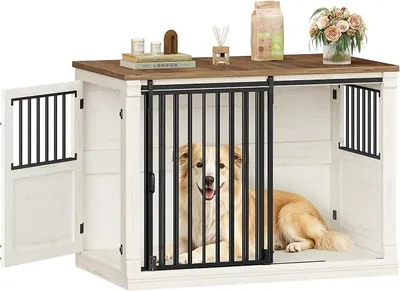 Produktbild von 121cm Hundekäfig-Möbel, Hundebox für Zuhause mit 3 Türen | Hundebox Holz, Schiebetüren, für Kleine, Mittlere, Große Hunde, Robuster, Beistelltisch, Weiß Braun 121 x 75 x 87,5 cm