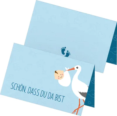 Produktbild von itenga 24x Tischkarten "Storch mit Baby / Schön dass du da bist" blau pastell