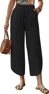 Produktbild von ASKSA Damen 7/8 Hose Leinenhose Laenge High Waist Weitem Bein Freizeithosen Casual Lose Leicht Sommerhose mit Taschen (Schwarz,M)