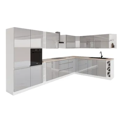 Produktbild von Winkelküche 420 x 245 cm Eckküche Einbauküche ohne Arbeitsplatte Küchenblock Ohne E-Geräten , KA7-M420 , Grau/Hochglanz