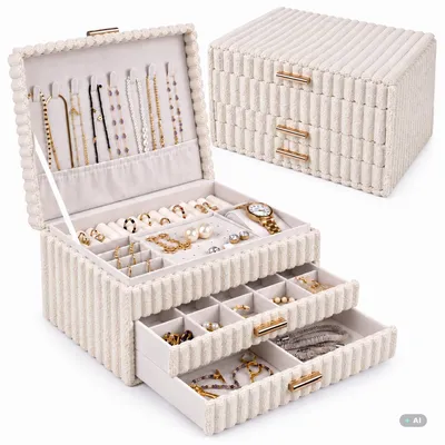Produktbild von Schmuckbox, Schmuckschatulle, Schmuckkästchen, Schmuck Organizer, mit 3 Ebenen, 2 Schubladen, für Ringe, Halsketten, Ohrringe, Armbänder, Beige
