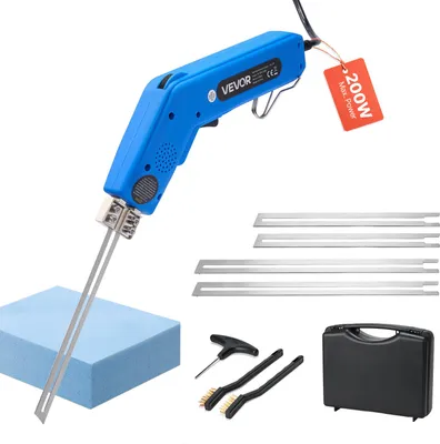 A blue VEVOR styrofoam cutter with various accessories and blades, laid out on a white background.