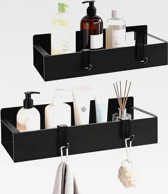Produktbild von 2 Stück Duschablage Ohne Bohren Schwarz, Rostfreies Badezimmer-Aufbewahrungsregal, Regal Für Shampoo Und Duschgel, Duschkorb Aus Mattschwarzem Metall, Duschkorb Halterung Shower Shelf Mit 4 Haken