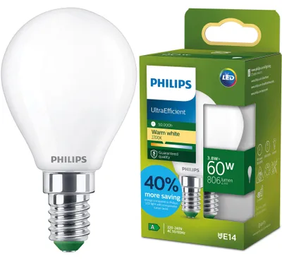 Produktbild von Philips Filament-Lampe, Tropfenform, matt, 60 W P45 E14, 3,8 W, 60 W, E14, 806 lm, 50000 h