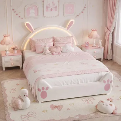 Obrázok produktu pre INONEFT, detská postel s kreslíkom, 140 x 200 cm, čalúnená postel s opierkou v tvare zajačika a LED osvetlením, posteľ pre tínedžov s roštom, dvojlôžko, zamat, biela + ružová