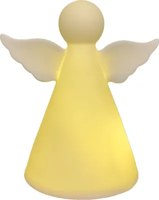 A lit-up angel figurine on a white background.