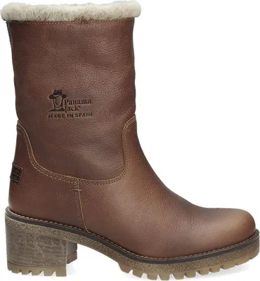 A single brown winter boot with fur lining, shown from the side against a white background.